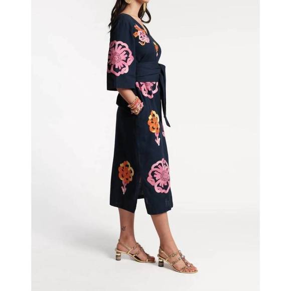 NEW FRANCES VALENTINE emi embroidered dress in graphic gerbera navy pink print - Picture 3 of 5